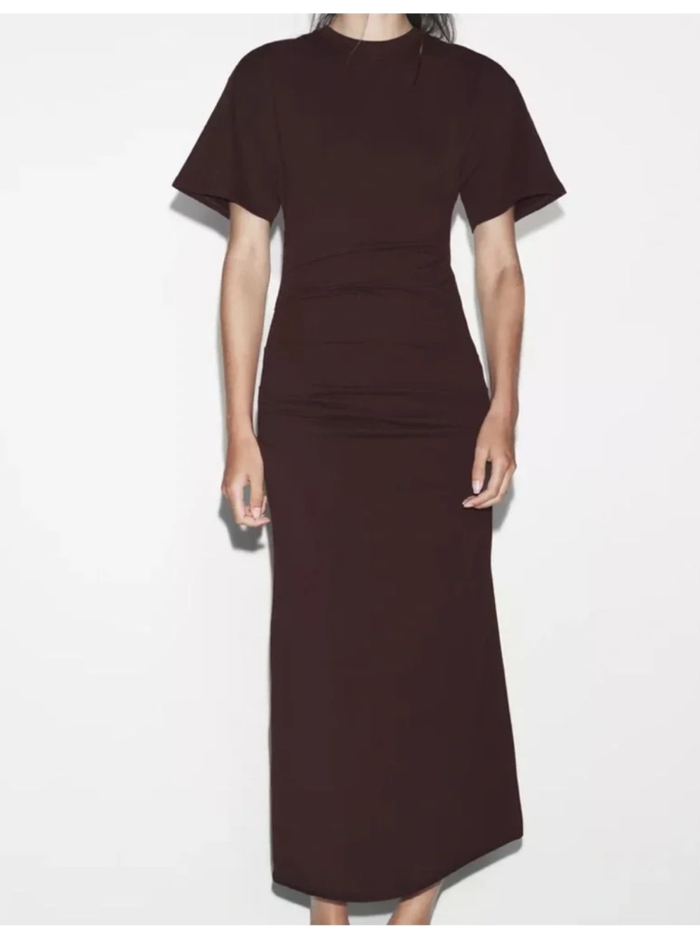 Zara Dark Brown Ruched side Short-Sleeve Maxi Dress NWT large Classic modern